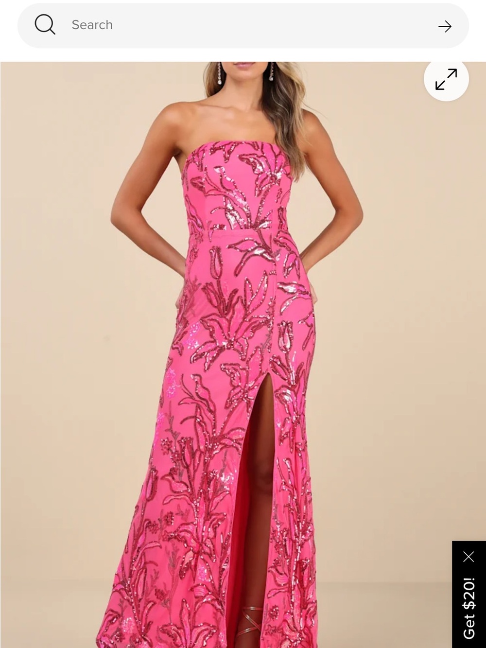 Lulu's Hot Pink Strapless Sequin Embroidered Gown
